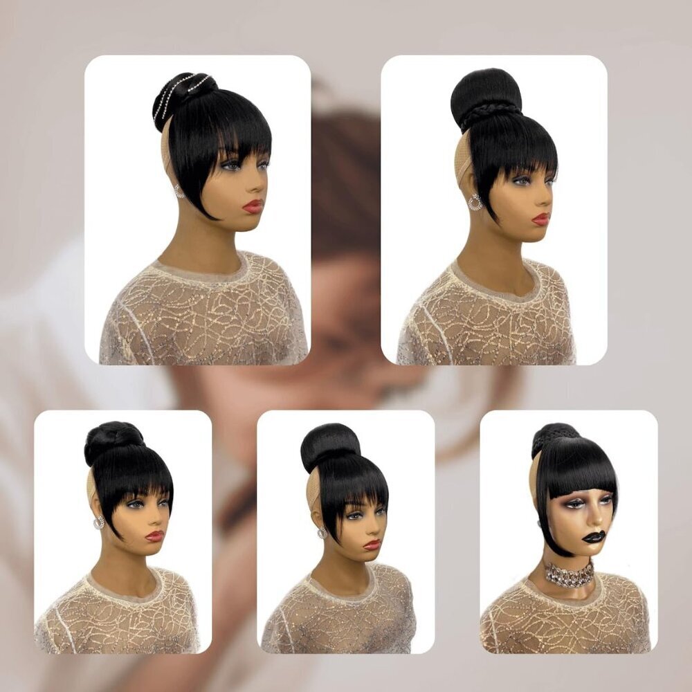 Hair Bun with Bangs 2 Piece Synthetic Braided Updo Clip-In for Black Women - Picture 9 of 9